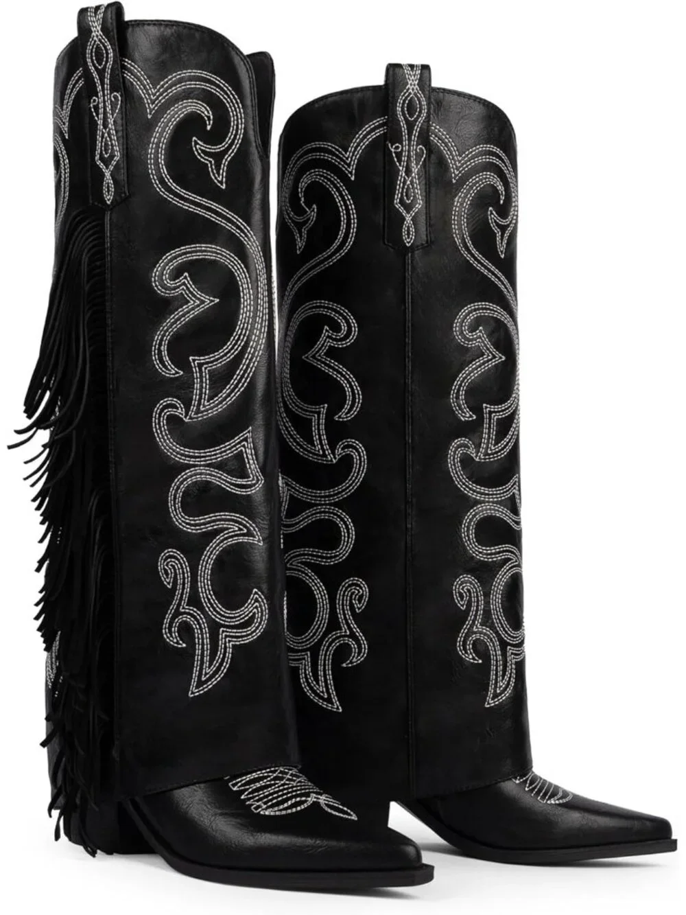 Women's Black Knee High Cowboy Boots Chunky Block High Heel Half Zipper